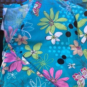 Floral Blue and Green Scrub Top